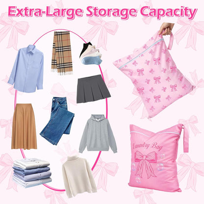 2 Pcs Large Travel Laundry Bags Waterproof Wet Dry Bag, Washable Dirty Clothes Bags for Travel，Drawstring, Bathing Suit, Workout, Gym Clothes Laundry, Swimming Pool & College Dorm, Pink Bow
