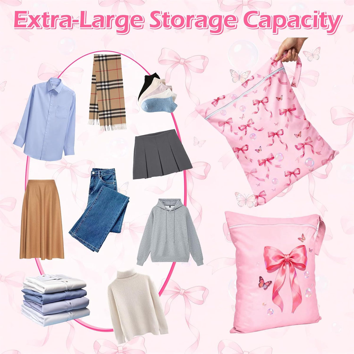 2 Pcs Large Travel Laundry Bags Waterproof Wet Dry Bag, Washable Dirty Clothes Bags for Travel，Drawstring, Bathing Suit, Workout, Gym Clothes Laundry, Swimming Pool & College Dorm, Pink Bow