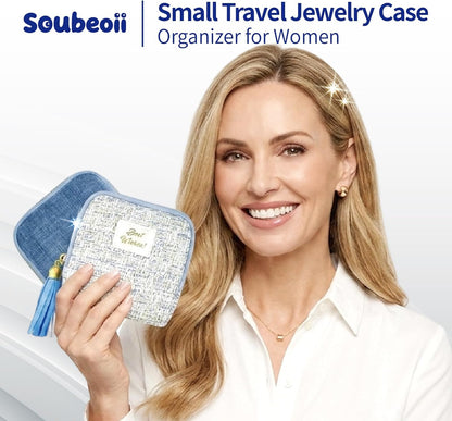 Small Travel Jewelry Case with Earring Box, Mini Travel Jewelry Organizer Pouch, 6-Layer Portable Chenille Storage Bag for Bangle Necklace Earrings Ring Bracelet, Gifts for Women (Green)