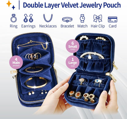 Small Travel Jewelry Case with Earring Box, Mini Travel Jewelry Organizer Pouch, 6-Layer Portable Chenille Storage Bag for Bangle Necklace Earrings Ring Bracelet, Gifts for Women (Green)