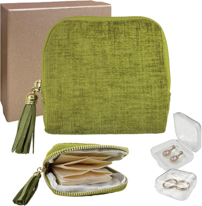 Small Travel Jewelry Case with Earring Box, Mini Travel Jewelry Organizer Pouch, 6-Layer Portable Chenille Storage Bag for Bangle Necklace Earrings Ring Bracelet, Gifts for Women (Green)