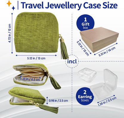 Small Travel Jewelry Case with Earring Box, Mini Travel Jewelry Organizer Pouch, 6-Layer Portable Chenille Storage Bag for Bangle Necklace Earrings Ring Bracelet, Gifts for Women (Green)