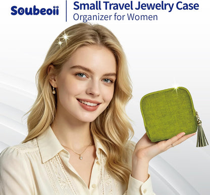 Small Travel Jewelry Case with Earring Box, Mini Travel Jewelry Organizer Pouch, 6-Layer Portable Chenille Storage Bag for Bangle Necklace Earrings Ring Bracelet, Gifts for Women (Green)