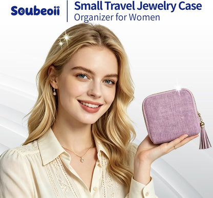 Small Travel Jewelry Case with Earring Box, Mini Travel Jewelry Organizer Pouch, 6-Layer Portable Chenille Storage Bag for Bangle Necklace Earrings Ring Bracelet, Gifts for Women (Green)