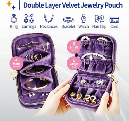 Small Travel Jewelry Case with Earring Box, Mini Travel Jewelry Organizer Pouch, 6-Layer Portable Chenille Storage Bag for Bangle Necklace Earrings Ring Bracelet, Gifts for Women (Green)