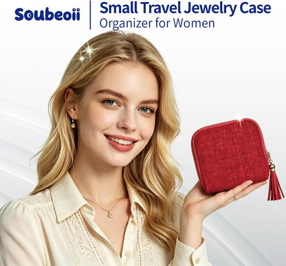 Small Travel Jewelry Case with Earring Box, Mini Travel Jewelry Organizer Pouch, 6-Layer Portable Chenille Storage Bag for Bangle Necklace Earrings Ring Bracelet, Gifts for Women (Green)