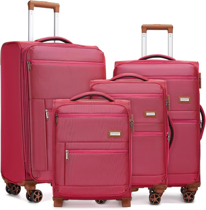 4 Piece Softside Luggage Set with Spinner Wheels,Lightweight Polyester Suitcase Set with Combination Lock, 16" 20" 24" 28" Rolling Travel Luggage for Carry On and Checked Baggage, Rose Red