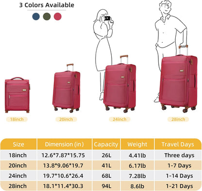 4 Piece Softside Luggage Set with Spinner Wheels,Lightweight Polyester Suitcase Set with Combination Lock, 16" 20" 24" 28" Rolling Travel Luggage for Carry On and Checked Baggage, Rose Red