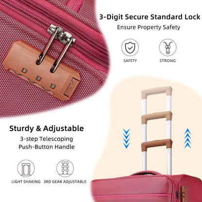 4 Piece Softside Luggage Set with Spinner Wheels,Lightweight Polyester Suitcase Set with Combination Lock, 16" 20" 24" 28" Rolling Travel Luggage for Carry On and Checked Baggage, Rose Red