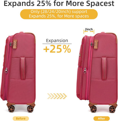 4 Piece Softside Luggage Set with Spinner Wheels,Lightweight Polyester Suitcase Set with Combination Lock, 16" 20" 24" 28" Rolling Travel Luggage for Carry On and Checked Baggage, Rose Red
