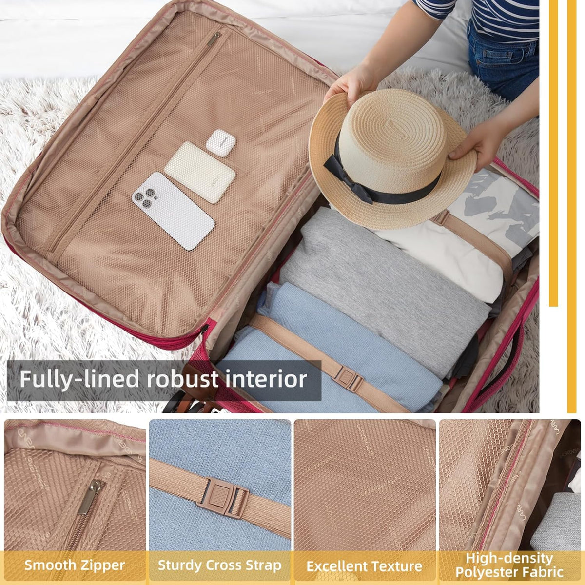 4 Piece Softside Luggage Set with Spinner Wheels,Lightweight Polyester Suitcase Set with Combination Lock, 16" 20" 24" 28" Rolling Travel Luggage for Carry On and Checked Baggage, Rose Red