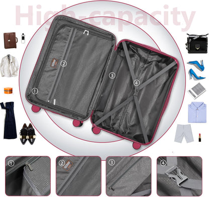 4 Piece Softside Luggage Set with Spinner Wheels,Lightweight Polyester Suitcase Set with Combination Lock, 16" 20" 24" 28" Rolling Travel Luggage for Carry On and Checked Baggage, Rose Red