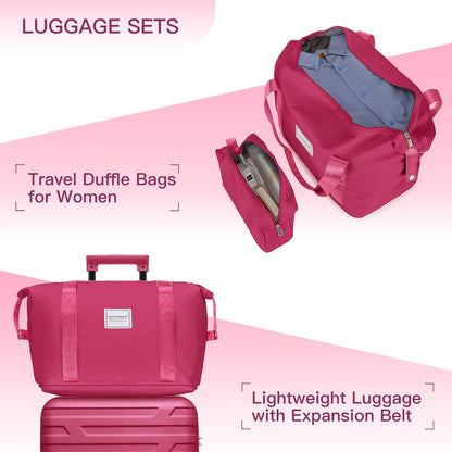 4 Piece Softside Luggage Set with Spinner Wheels,Lightweight Polyester Suitcase Set with Combination Lock, 16" 20" 24" 28" Rolling Travel Luggage for Carry On and Checked Baggage, Rose Red