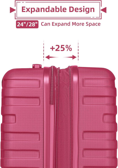 4 Piece Softside Luggage Set with Spinner Wheels,Lightweight Polyester Suitcase Set with Combination Lock, 16" 20" 24" 28" Rolling Travel Luggage for Carry On and Checked Baggage, Rose Red
