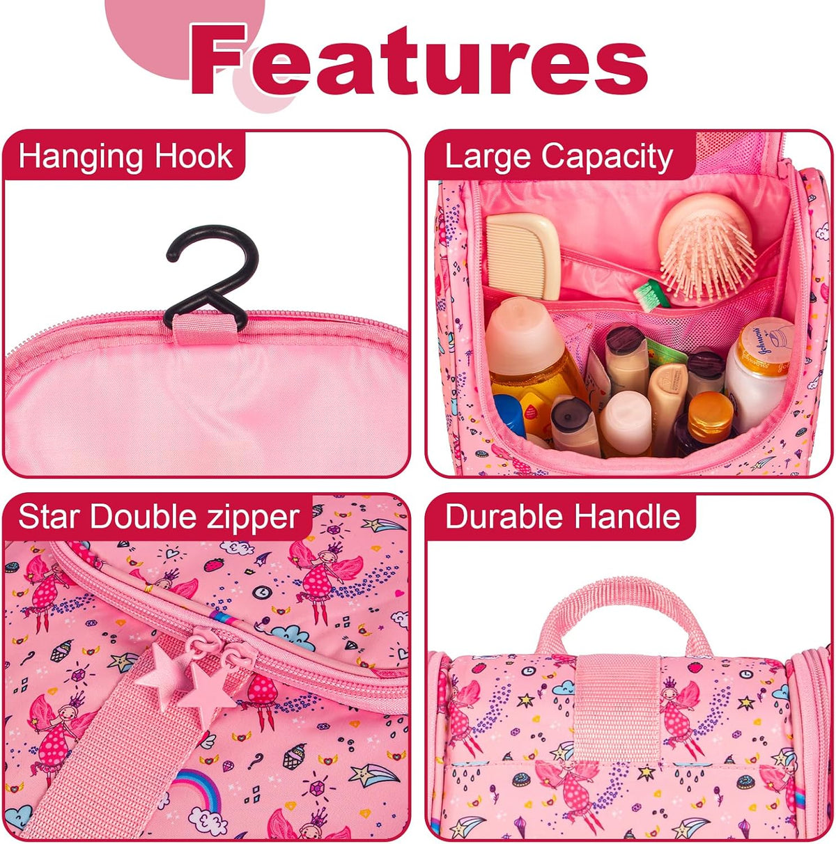 Cute Cartoon Hanging Kids Toiletry Bag Children Travel Cosmetic Makeup Organizer Wash Bag Shower bag Over Night Bag Camping Shaving Kit Bag for Boys & Girls (Mermaid)