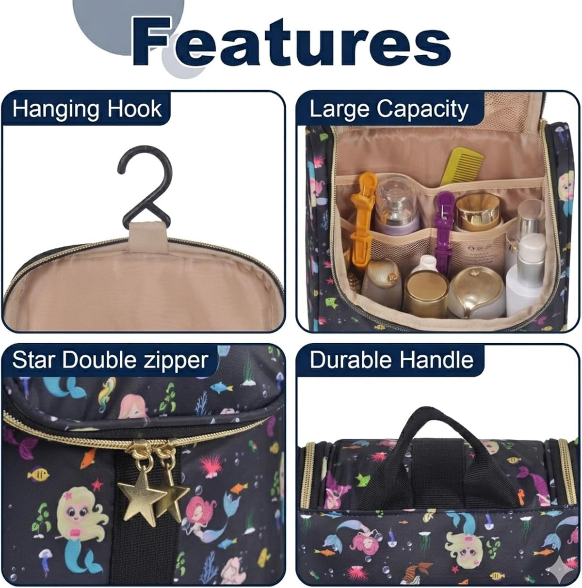 Cute Cartoon Hanging Kids Toiletry Bag Children Travel Cosmetic Makeup Organizer Wash Bag Shower bag Over Night Bag Camping Shaving Kit Bag for Boys & Girls (Mermaid)