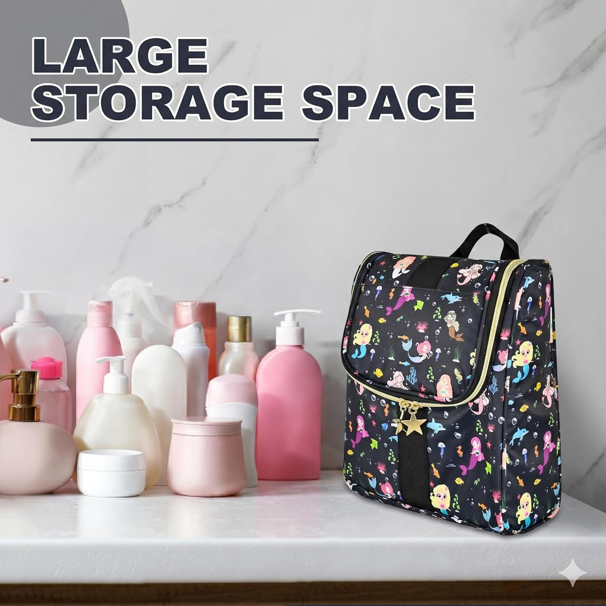 Cute Cartoon Hanging Kids Toiletry Bag Children Travel Cosmetic Makeup Organizer Wash Bag Shower bag Over Night Bag Camping Shaving Kit Bag for Boys & Girls (Mermaid)