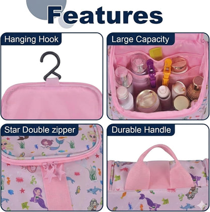 Cute Cartoon Hanging Kids Toiletry Bag Children Travel Cosmetic Makeup Organizer Wash Bag Shower bag Over Night Bag Camping Shaving Kit Bag for Boys & Girls (Mermaid)