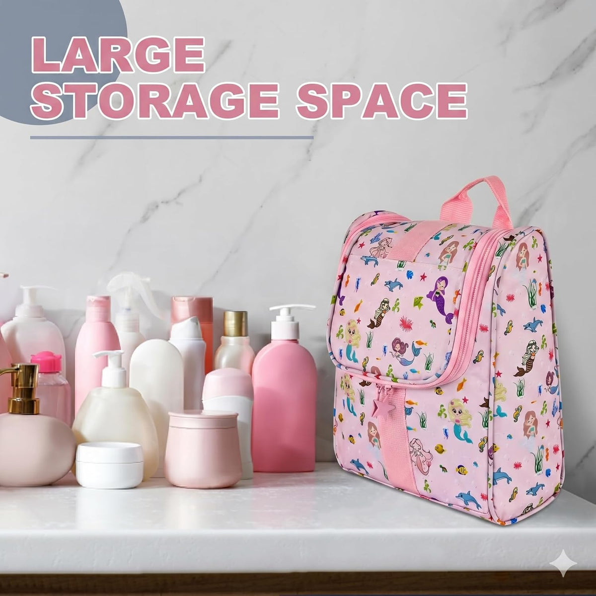 Cute Cartoon Hanging Kids Toiletry Bag Children Travel Cosmetic Makeup Organizer Wash Bag Shower bag Over Night Bag Camping Shaving Kit Bag for Boys & Girls (Mermaid)
