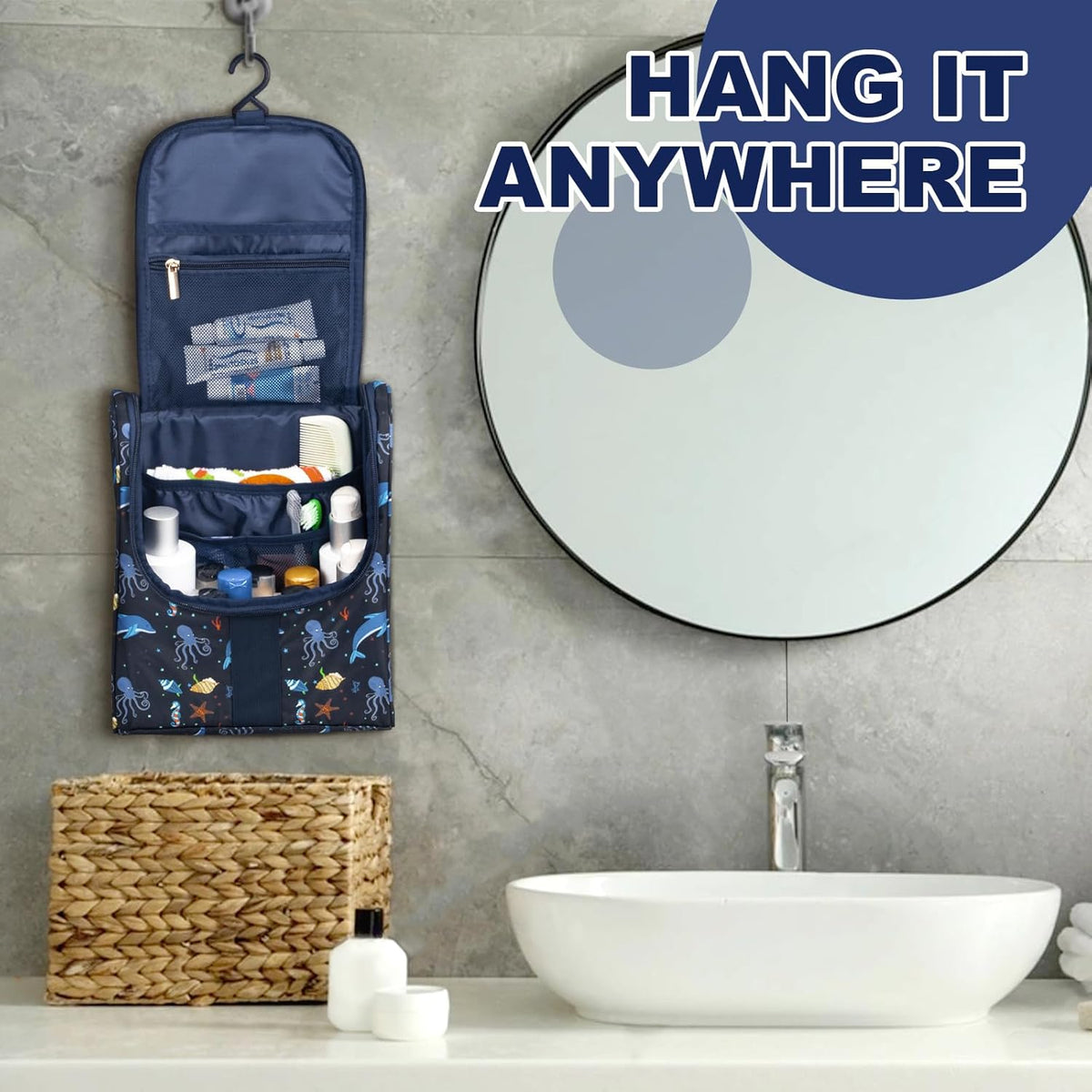 Cute Cartoon Hanging Kids Toiletry Bag Children Travel Cosmetic Makeup Organizer Wash Bag Shower bag Over Night Bag Camping Shaving Kit Bag for Boys & Girls (Mermaid)