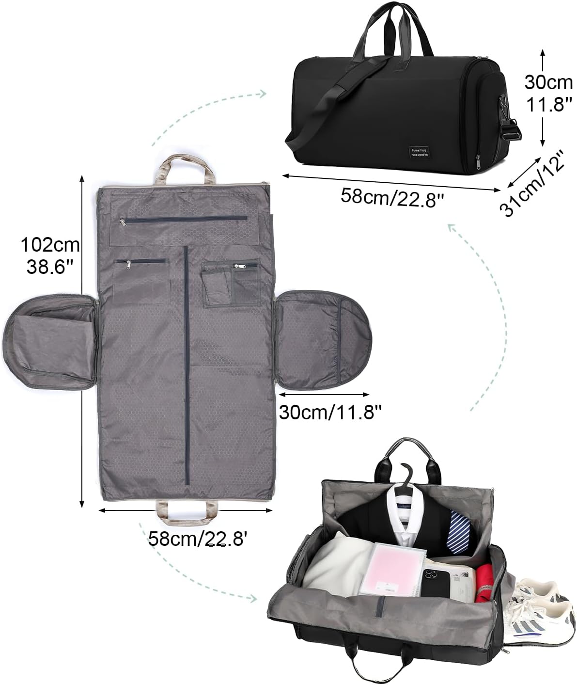 47L Large Convertible Travel Garment Duffel Bag for Men Women, 2 in 1 Hanging Suit Bag with Shoulder Strap, Brown