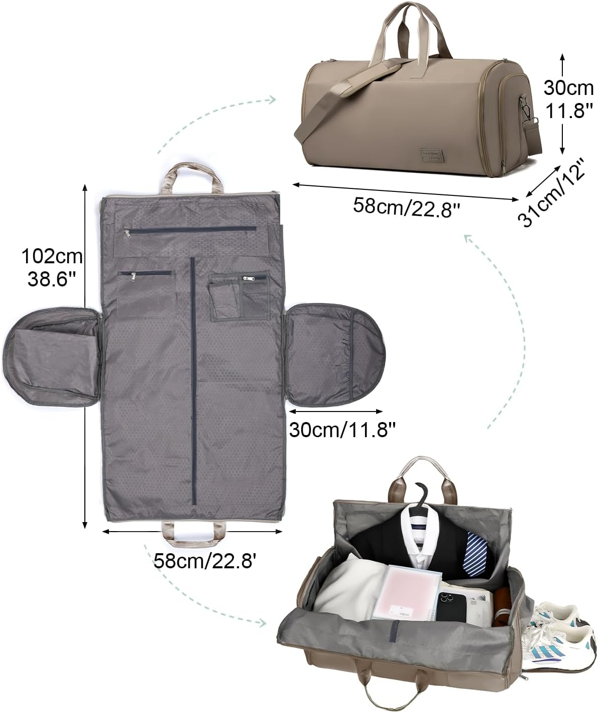 47L Large Convertible Travel Garment Duffel Bag for Men Women, 2 in 1 Hanging Suit Bag with Shoulder Strap, Brown