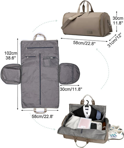 47L Large Convertible Travel Garment Duffel Bag for Men Women, 2 in 1 Hanging Suit Bag with Shoulder Strap, Brown