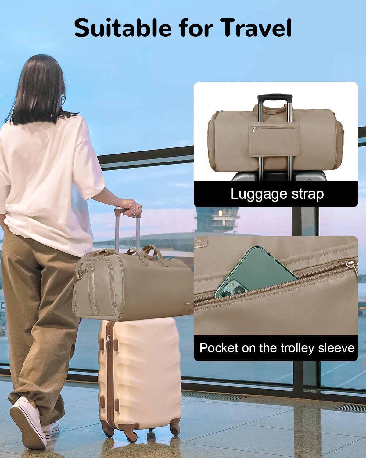 47L Large Convertible Travel Garment Duffel Bag for Men Women, 2 in 1 Hanging Suit Bag with Shoulder Strap, Brown