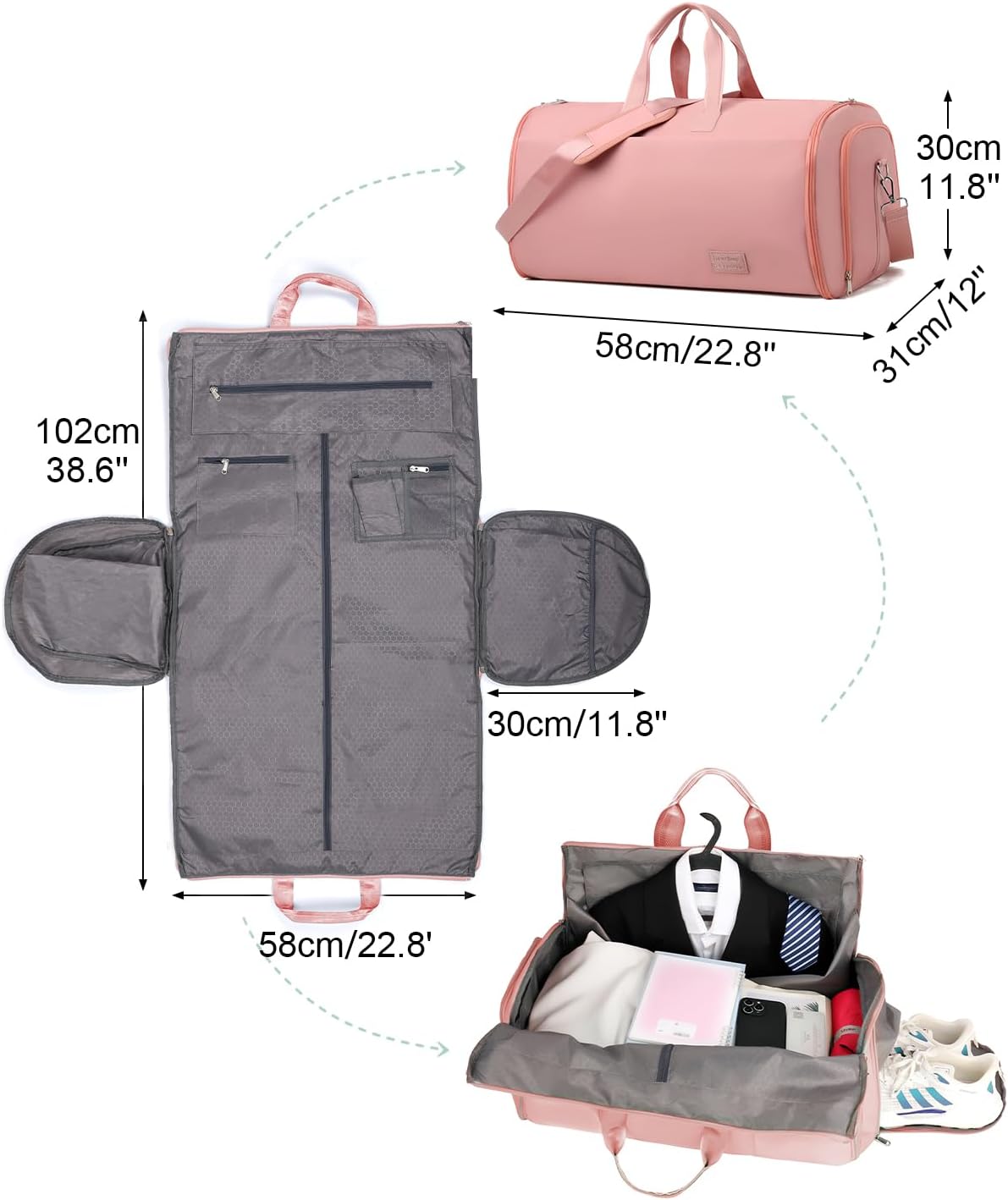 47L Large Convertible Travel Garment Duffel Bag for Men Women, 2 in 1 Hanging Suit Bag with Shoulder Strap, Brown