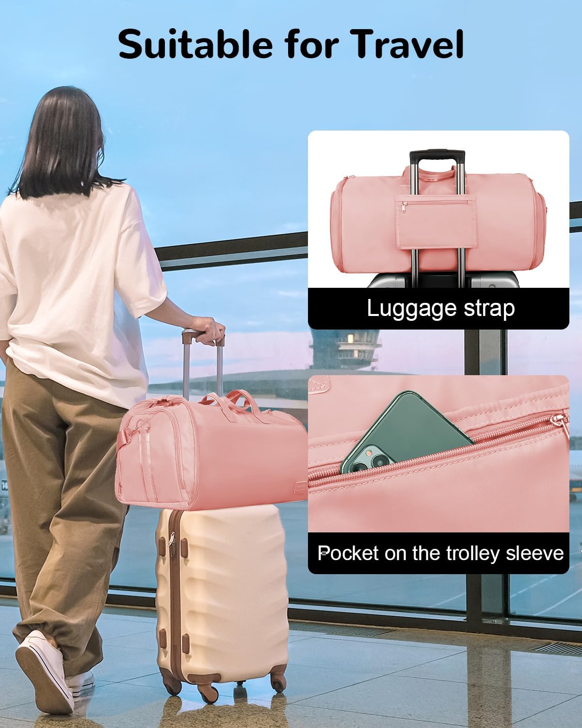 47L Large Convertible Travel Garment Duffel Bag for Men Women, 2 in 1 Hanging Suit Bag with Shoulder Strap, Brown