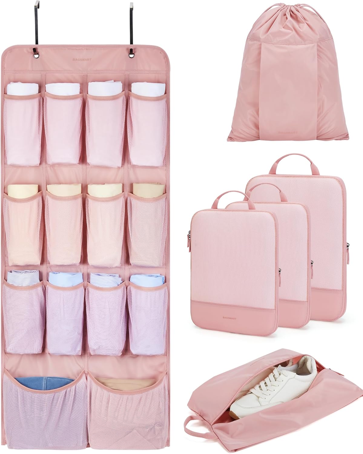 Hanging Compression Packing Cubes 6 Set Cruise Travel Essentials | 3-Fold Space Saving Hanging Shelves, Closet Organizers & Storage, Compressible Suitcase Organizer Bags, Machine Washable Cube
