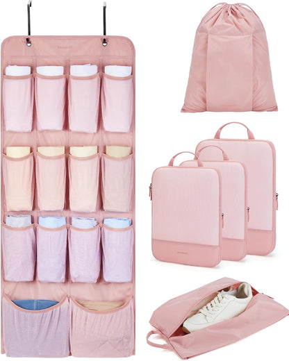 Hanging Compression Packing Cubes 6 Set Cruise Travel Essentials | 3-Fold Space Saving Hanging Shelves, Closet Organizers & Storage, Compressible Suitcase Organizer Bags, Machine Washable Cube