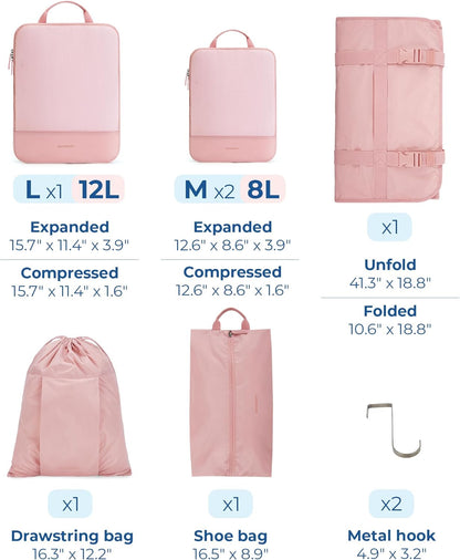 Hanging Compression Packing Cubes 6 Set Cruise Travel Essentials | 3-Fold Space Saving Hanging Shelves, Closet Organizers & Storage, Compressible Suitcase Organizer Bags, Machine Washable Cube