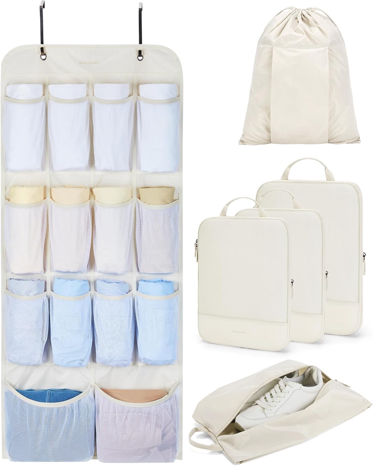 Hanging Compression Packing Cubes 6 Set Cruise Travel Essentials | 3-Fold Space Saving Hanging Shelves, Closet Organizers & Storage, Compressible Suitcase Organizer Bags, Machine Washable Cube