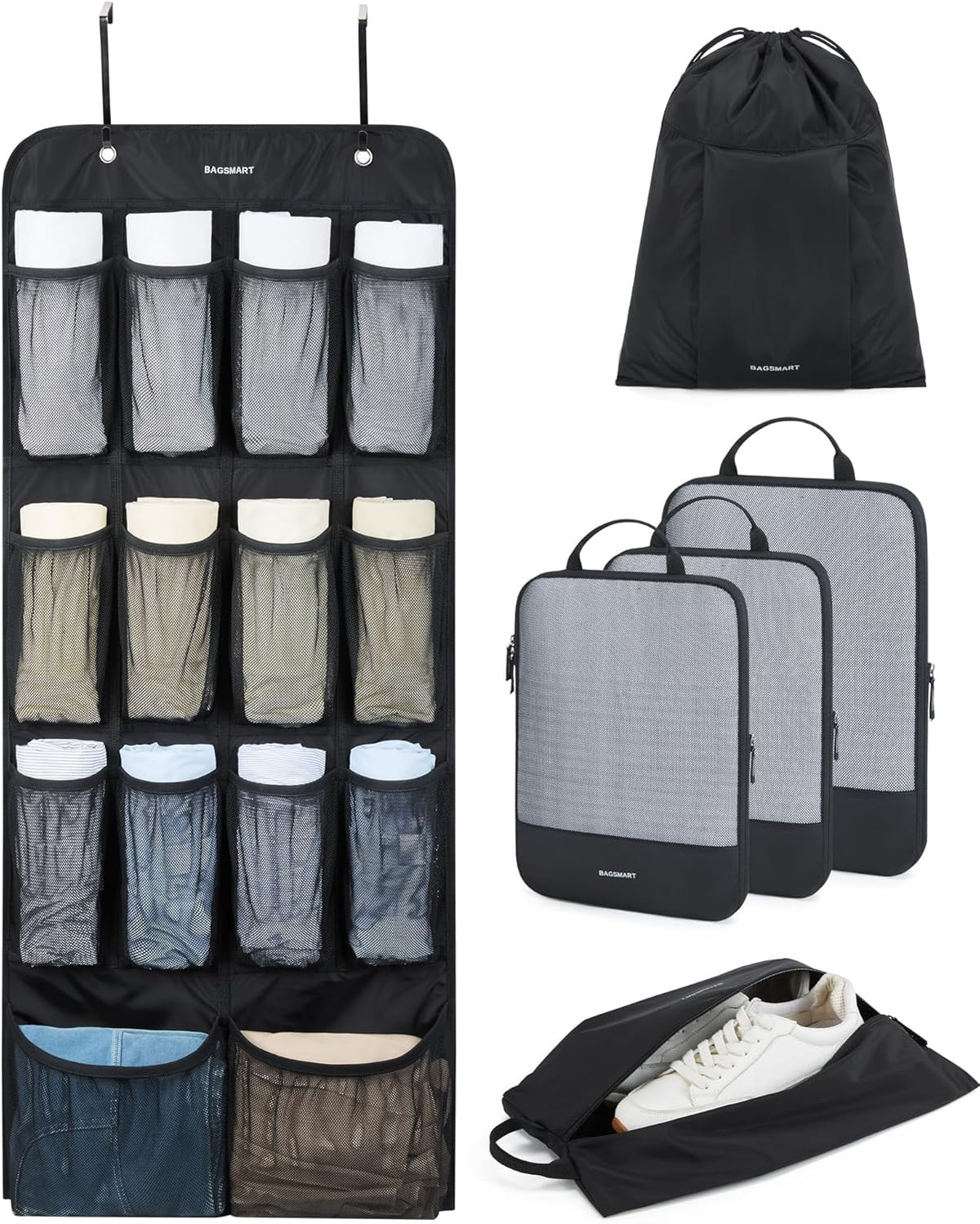 Hanging Compression Packing Cubes 6 Set Cruise Travel Essentials | 3-Fold Space Saving Hanging Shelves, Closet Organizers & Storage, Compressible Suitcase Organizer Bags, Machine Washable Cube