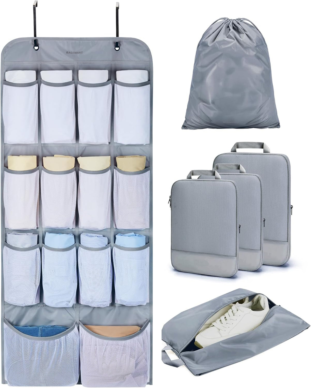Hanging Compression Packing Cubes 6 Set Cruise Travel Essentials | 3-Fold Space Saving Hanging Shelves, Closet Organizers & Storage, Compressible Suitcase Organizer Bags, Machine Washable Cube