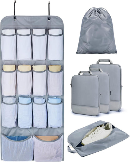 Hanging Compression Packing Cubes 6 Set Cruise Travel Essentials | 3-Fold Space Saving Hanging Shelves, Closet Organizers & Storage, Compressible Suitcase Organizer Bags, Machine Washable Cube