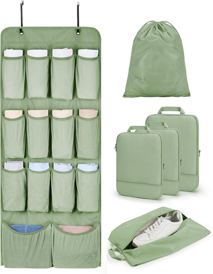 Hanging Compression Packing Cubes 6 Set Cruise Travel Essentials | 3-Fold Space Saving Hanging Shelves, Closet Organizers & Storage, Compressible Suitcase Organizer Bags, Machine Washable Cube
