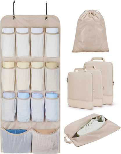 Hanging Compression Packing Cubes 6 Set Cruise Travel Essentials | 3-Fold Space Saving Hanging Shelves, Closet Organizers & Storage, Compressible Suitcase Organizer Bags, Machine Washable Cube
