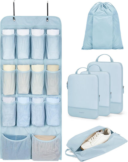 Hanging Compression Packing Cubes 6 Set Cruise Travel Essentials | 3-Fold Space Saving Hanging Shelves, Closet Organizers & Storage, Compressible Suitcase Organizer Bags, Machine Washable Cube