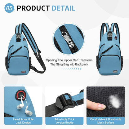 Convertible Sling Bags for Women Men, Lightweight Crossbody Backpack Daypack Fit for 7.9" Tablet for Casual Travel Sport Hiking (Blue)