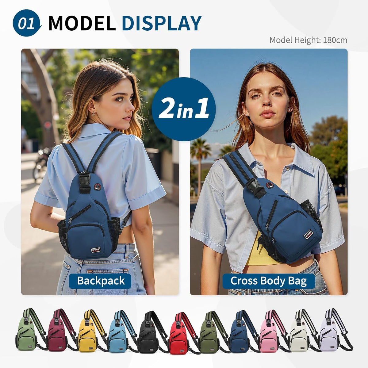 Convertible Sling Bags for Women Men, Lightweight Crossbody Backpack Daypack Fit for 7.9" Tablet for Casual Travel Sport Hiking (Blue)