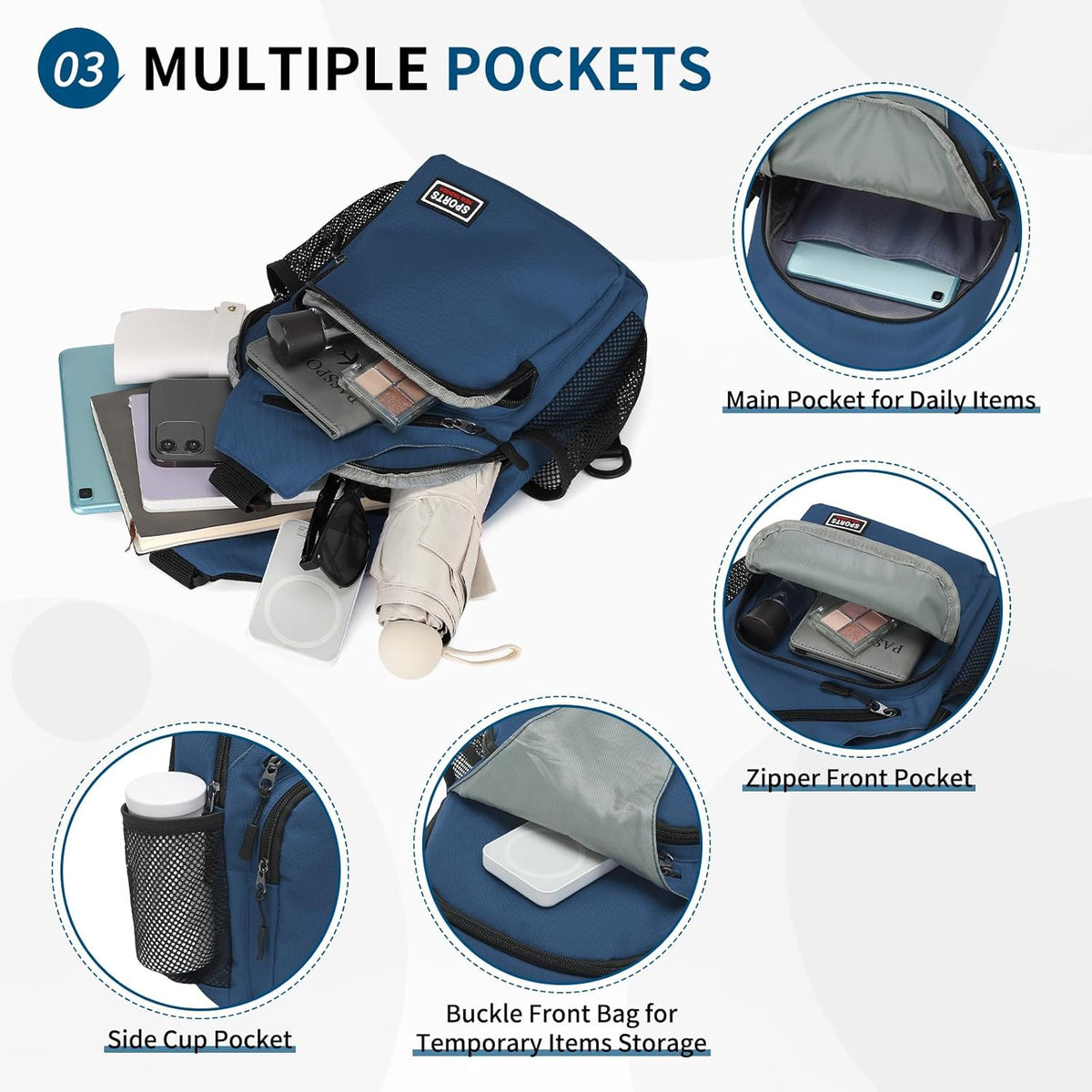 Convertible Sling Bags for Women Men, Lightweight Crossbody Backpack Daypack Fit for 7.9" Tablet for Casual Travel Sport Hiking (Blue)