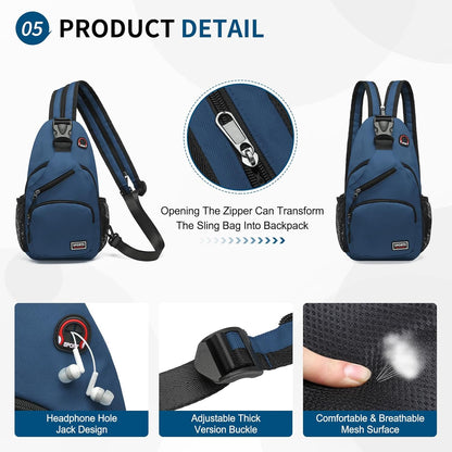 Convertible Sling Bags for Women Men, Lightweight Crossbody Backpack Daypack Fit for 7.9" Tablet for Casual Travel Sport Hiking (Blue)