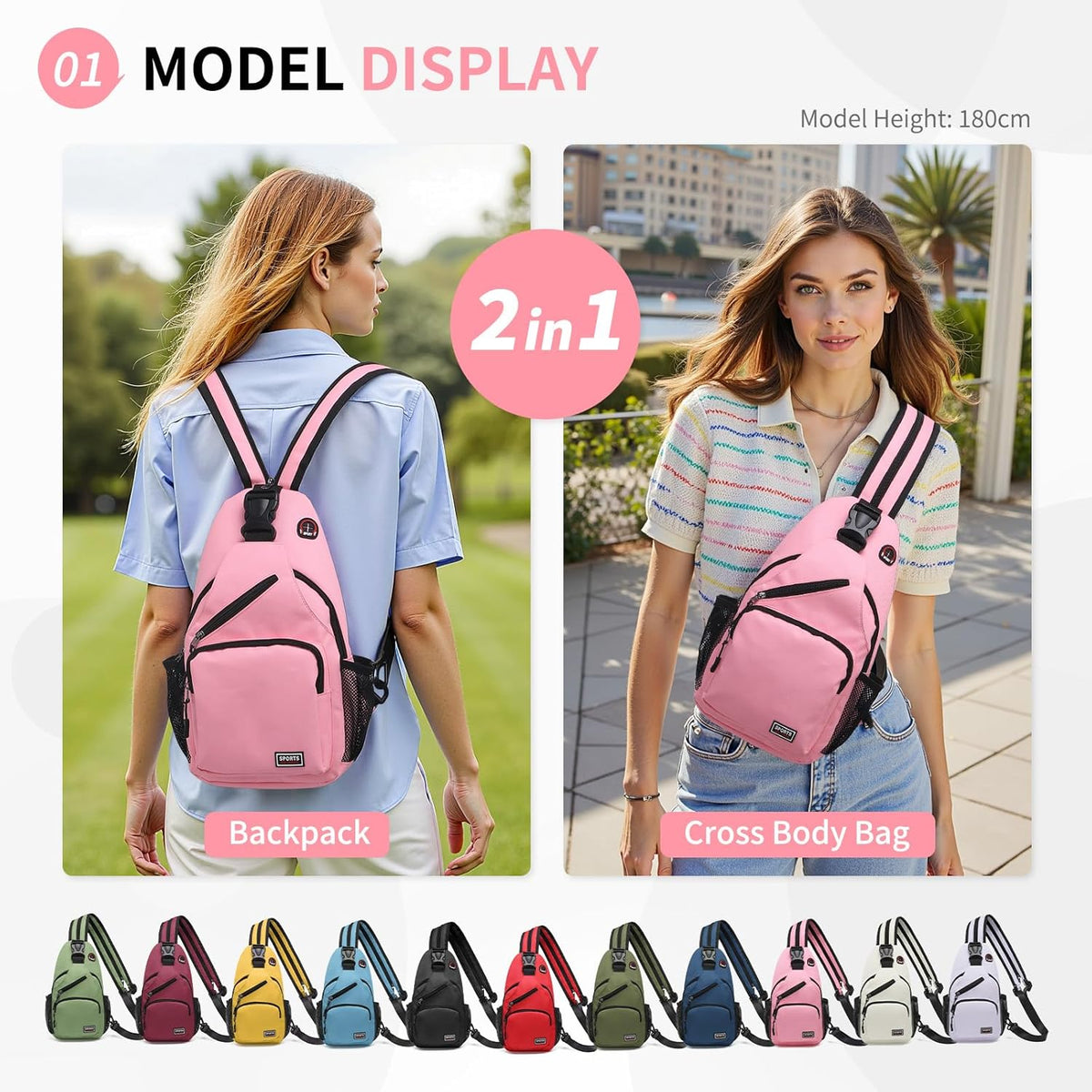 Convertible Sling Bags for Women Men, Lightweight Crossbody Backpack Daypack Fit for 7.9" Tablet for Casual Travel Sport Hiking (Blue)