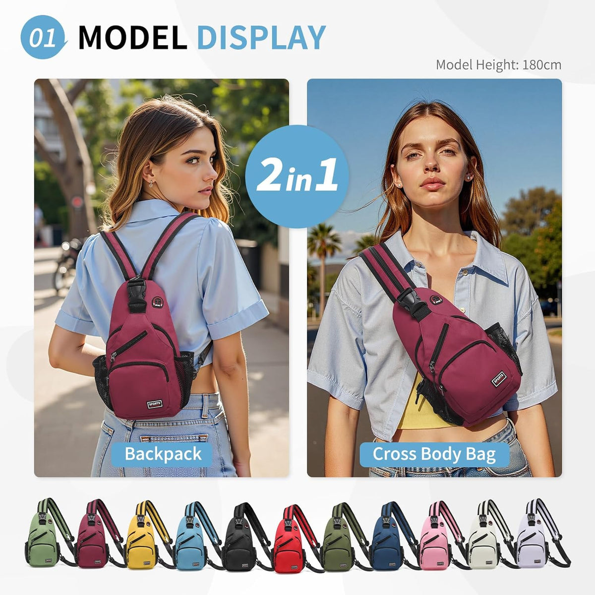 Convertible Sling Bags for Women Men, Lightweight Crossbody Backpack Daypack Fit for 7.9" Tablet for Casual Travel Sport Hiking (Blue)
