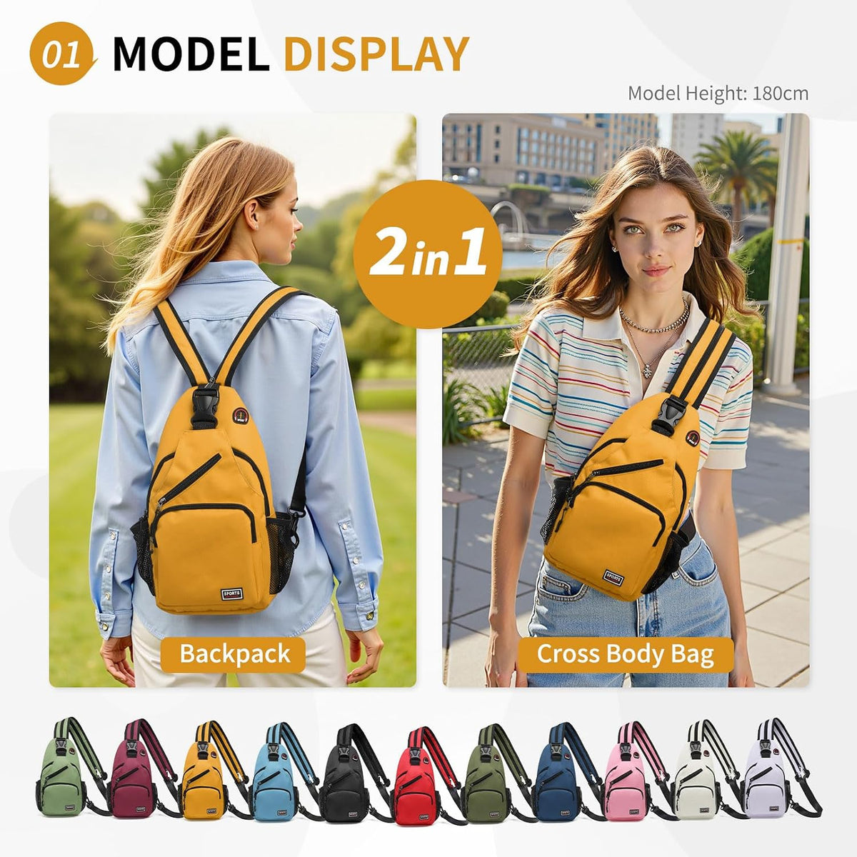 Convertible Sling Bags for Women Men, Lightweight Crossbody Backpack Daypack Fit for 7.9" Tablet for Casual Travel Sport Hiking (Blue)