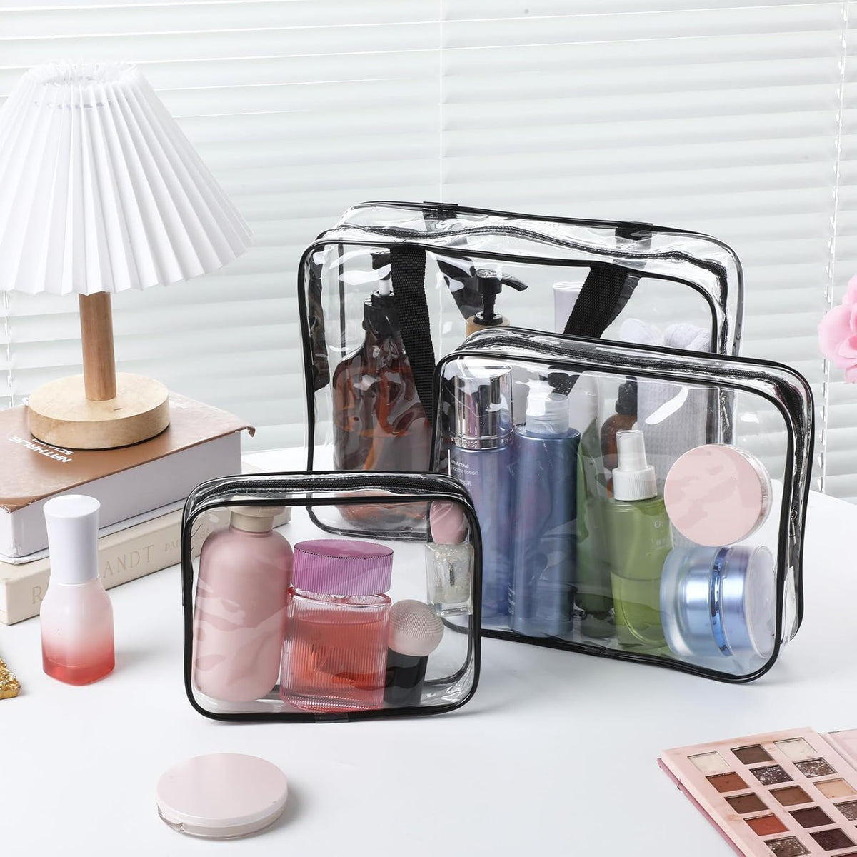 12 Pack Clear Makeup Bags, PVC Clear Pouches with Zipper TSA Approved Waterproof Storage Bags Multipurpose Pouch with Handle for Suitcase Pants Cashmere Sweaters Shirts Dress Storage