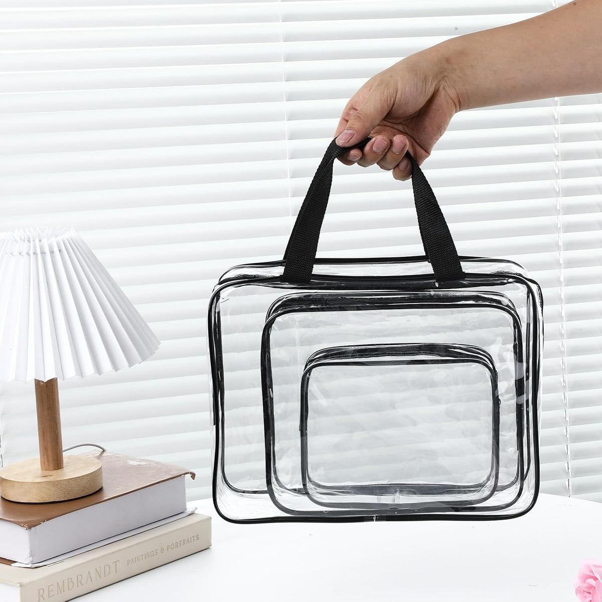 12 Pack Clear Makeup Bags, PVC Clear Pouches with Zipper TSA Approved Waterproof Storage Bags Multipurpose Pouch with Handle for Suitcase Pants Cashmere Sweaters Shirts Dress Storage
