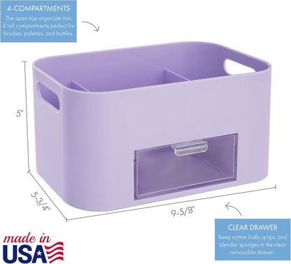 Bliss Lilac Purple Makeup Organizer for Countertop, Divided Bathroom Organizer & Storage Drawer, Makeup Brush Holder, Cosmetic & Nail Polish Organizer, Made in USA